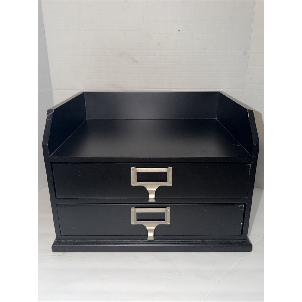 Pottery Barn Black Wood Desk Organizer 2 Drawer Apothecary Office Storage Box